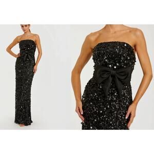 Ieena Mac Duggal Black Strapless Sequin Evening Gown With Bow Sz 4 NWT